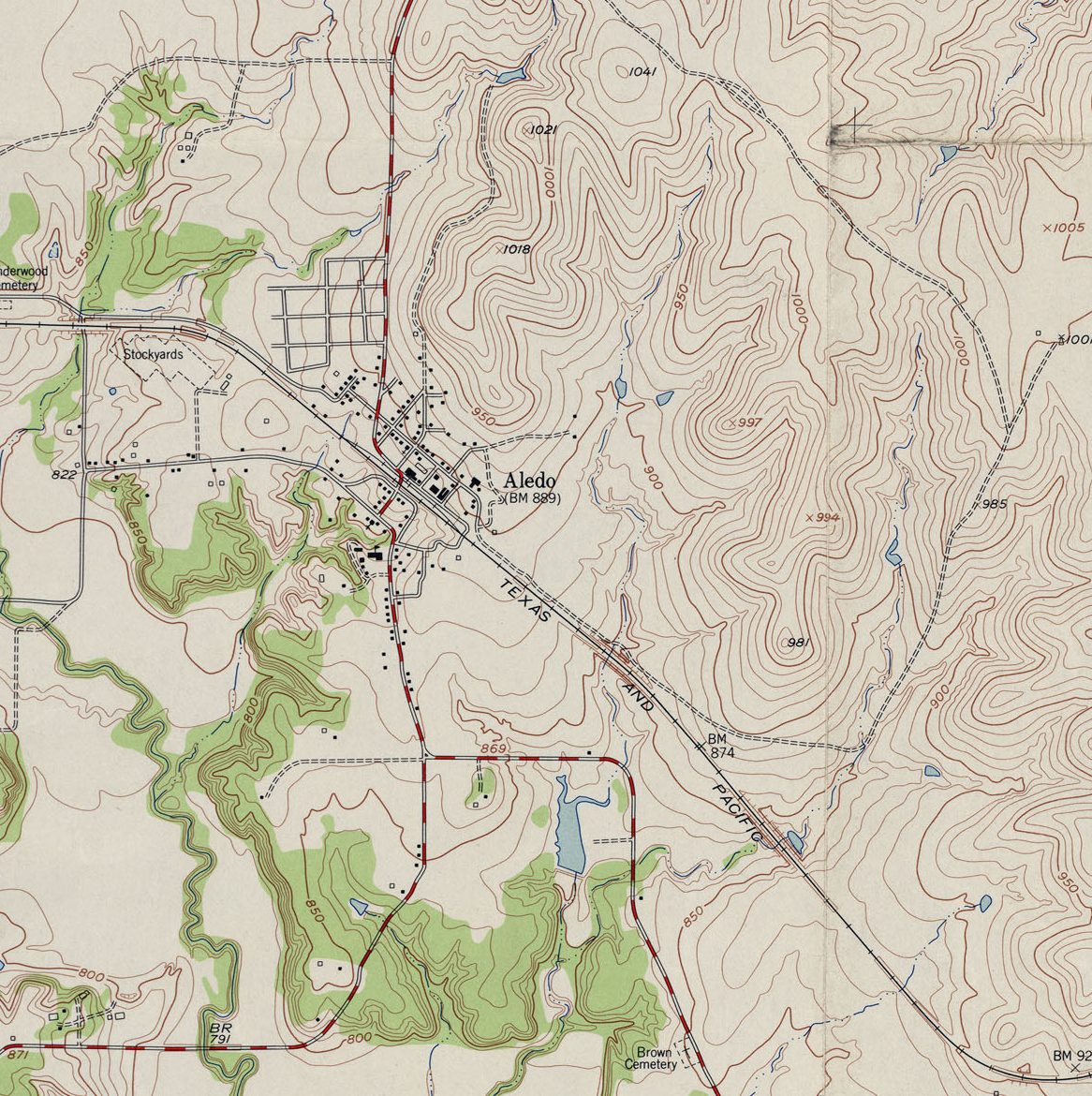 USGS topographic map of Aledo, Texas, surveyed in 1955, showing the town grid along the Texas and Pacific railroad.