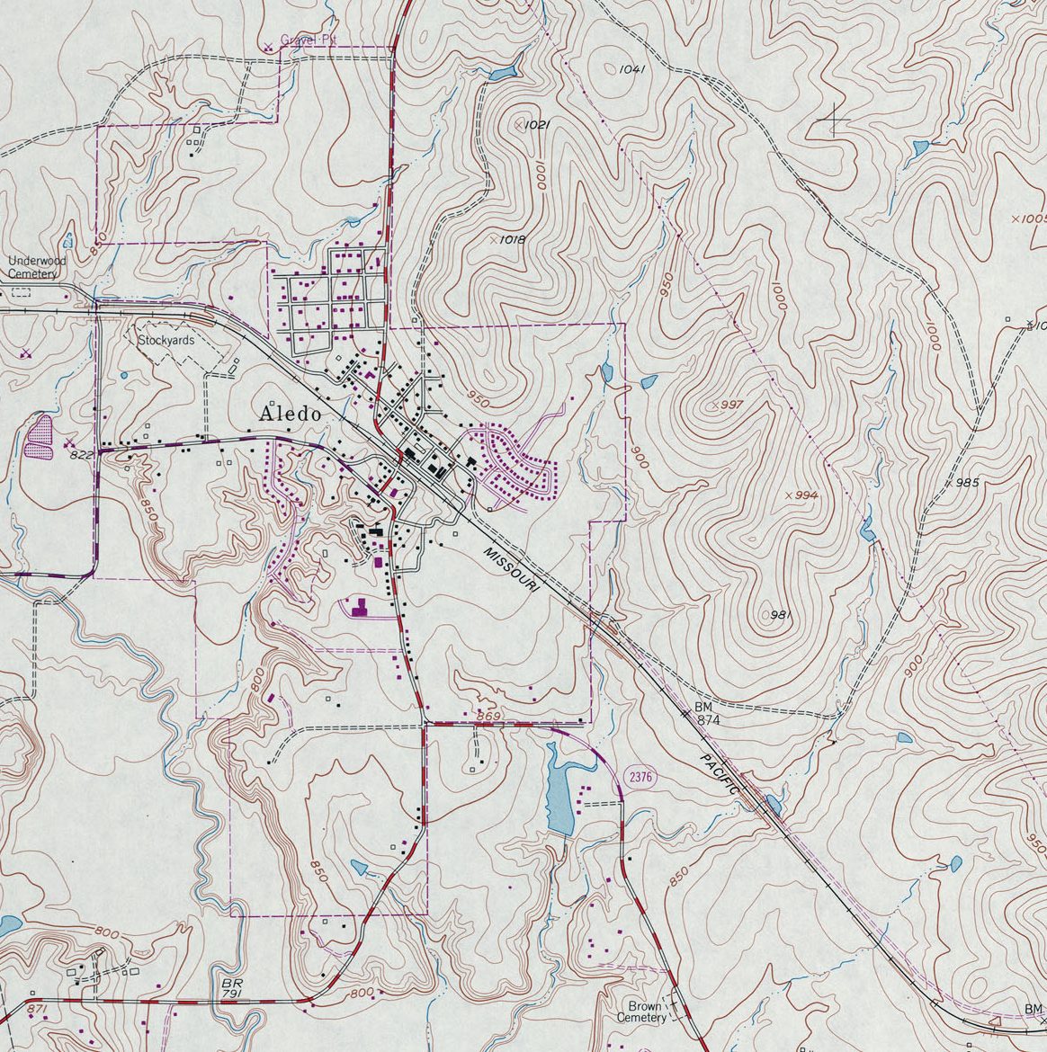 USGS topographic map of Aledo, Texas, revised in 1981, showing the same town grid with new subdivisions marked in purple.